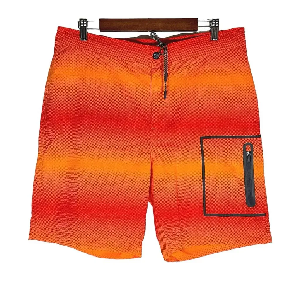 Mack Weldon | Men | Orange Spark Pulse Stripe Beach Swim Board Shorts | Sz 33/34